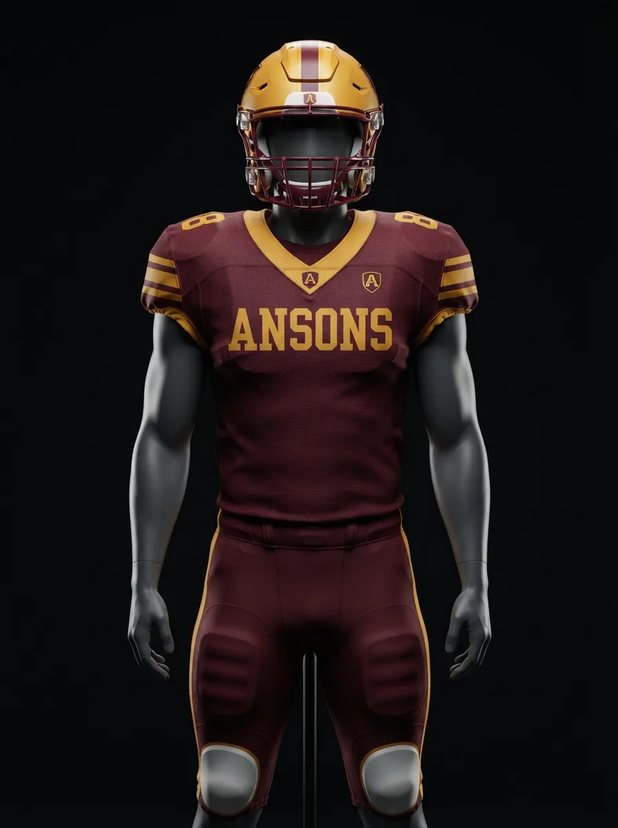 Maroon and Gold custom American football uniform on a mannequin