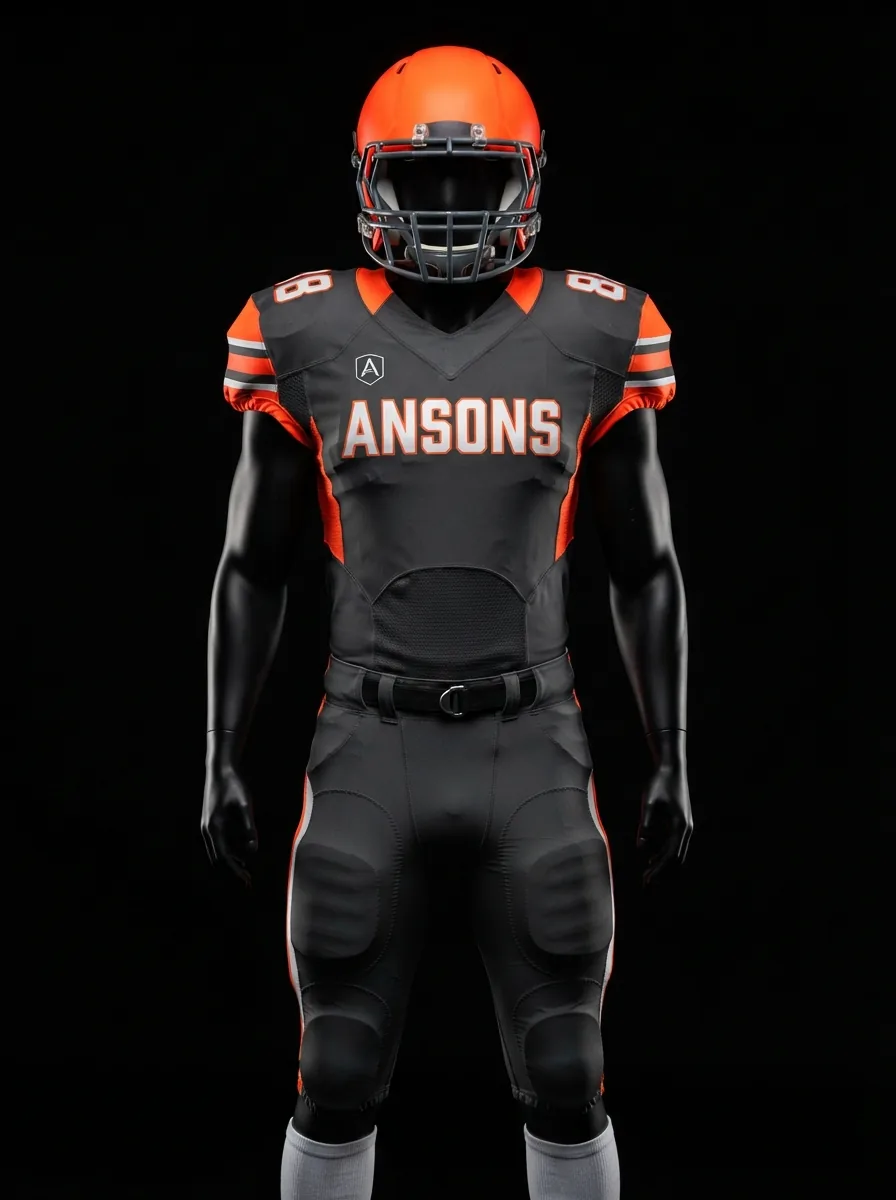 Charcoal and Orange custom American football uniform on a mannequin