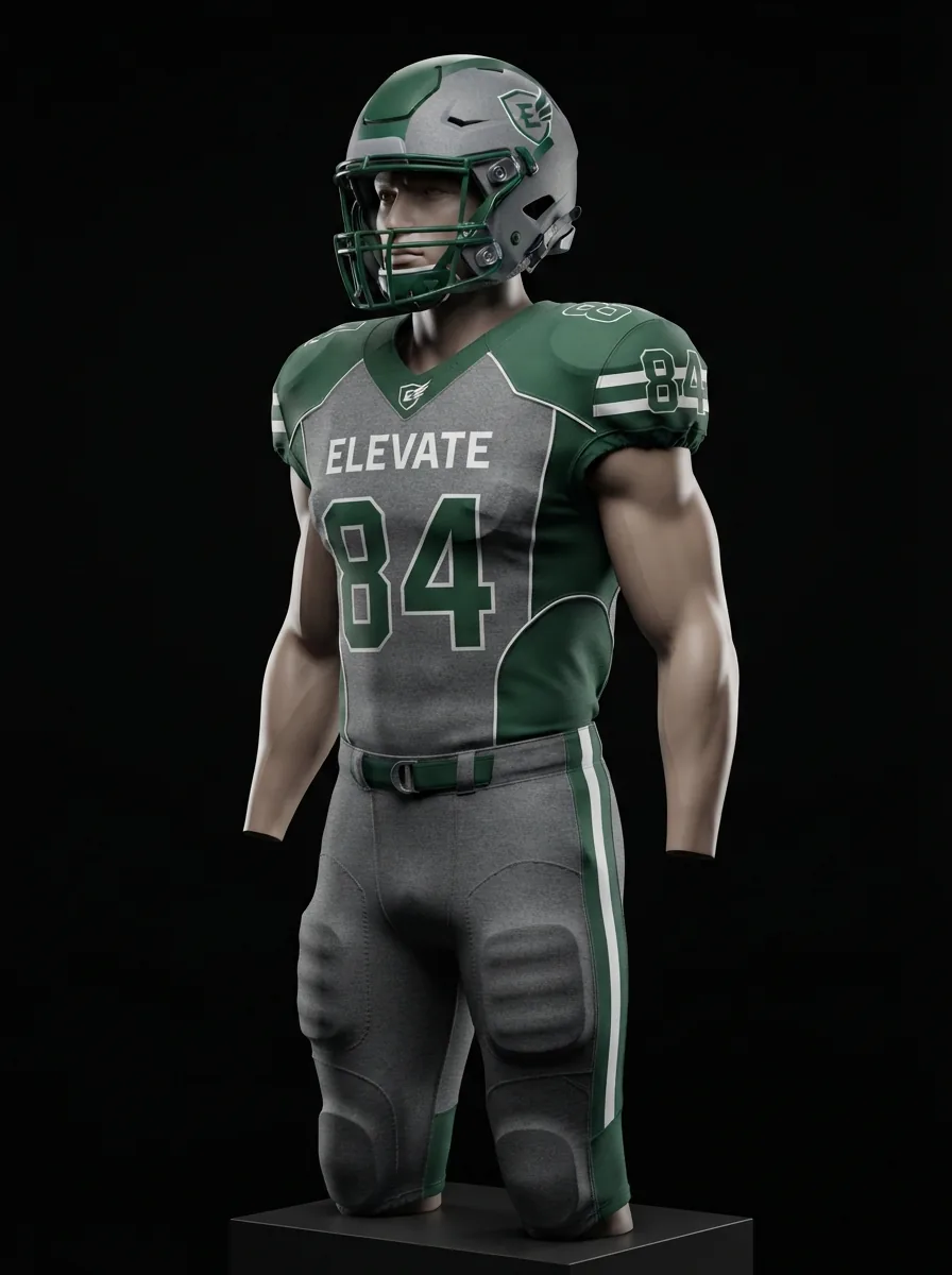 Green and Grey Elevate custom American football uniform on a mannequin