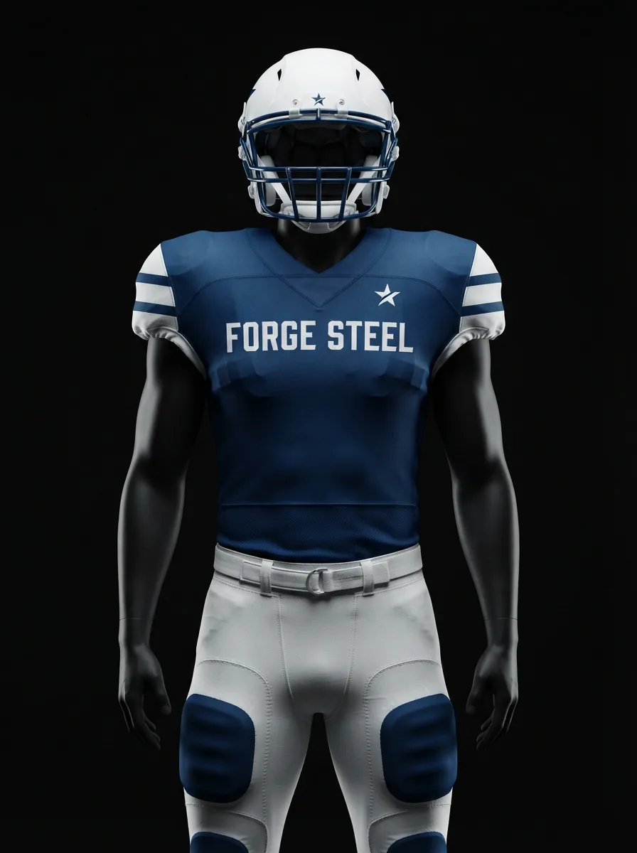 Navy and White Forge custom American football uniform on a mannequin