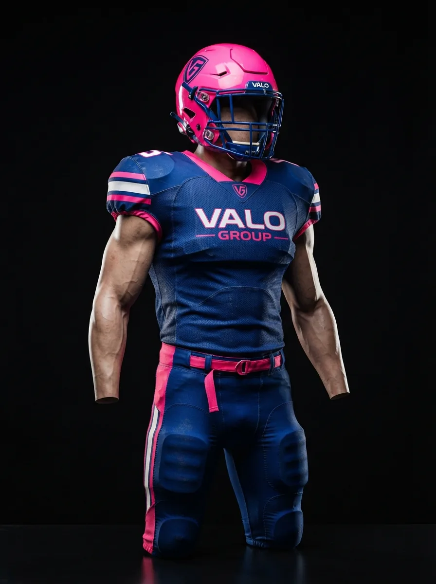 Pink and Navy custom American football uniform on a mannequin