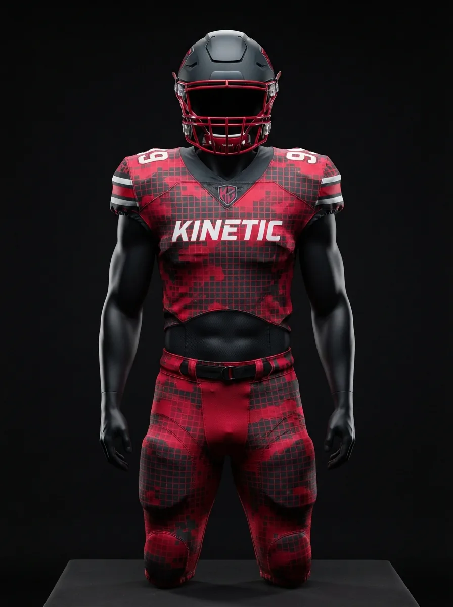 Crimson Grid custom American football uniform on a mannequin
