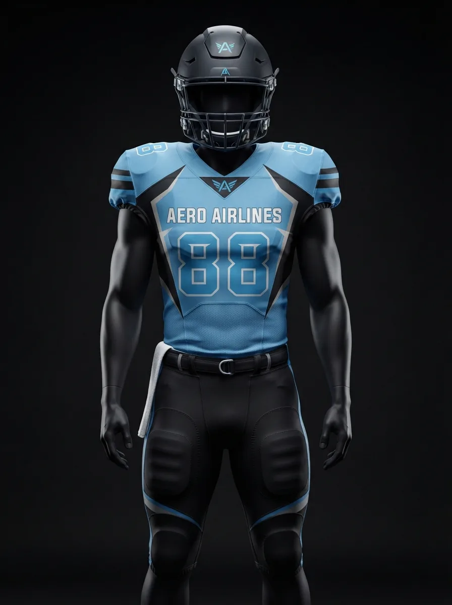 Sky Blue Aero custom American football uniform on a mannequin