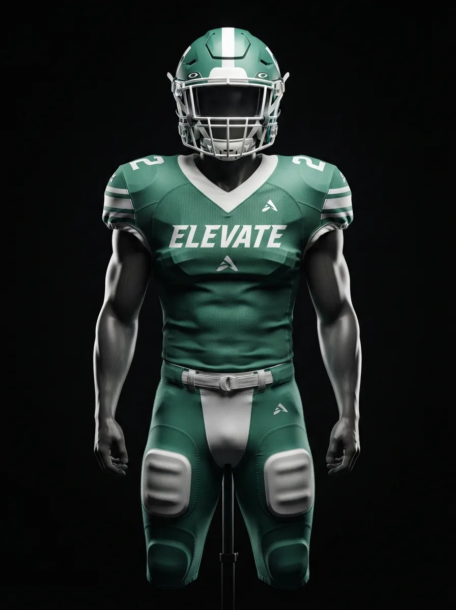 Emerald and White custom American football uniform on a mannequin