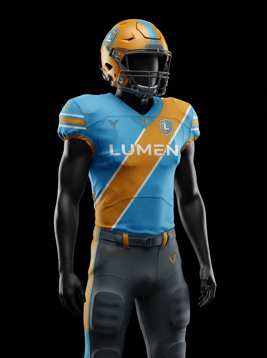 Sky and Gold Sash custom American football uniform on a mannequin