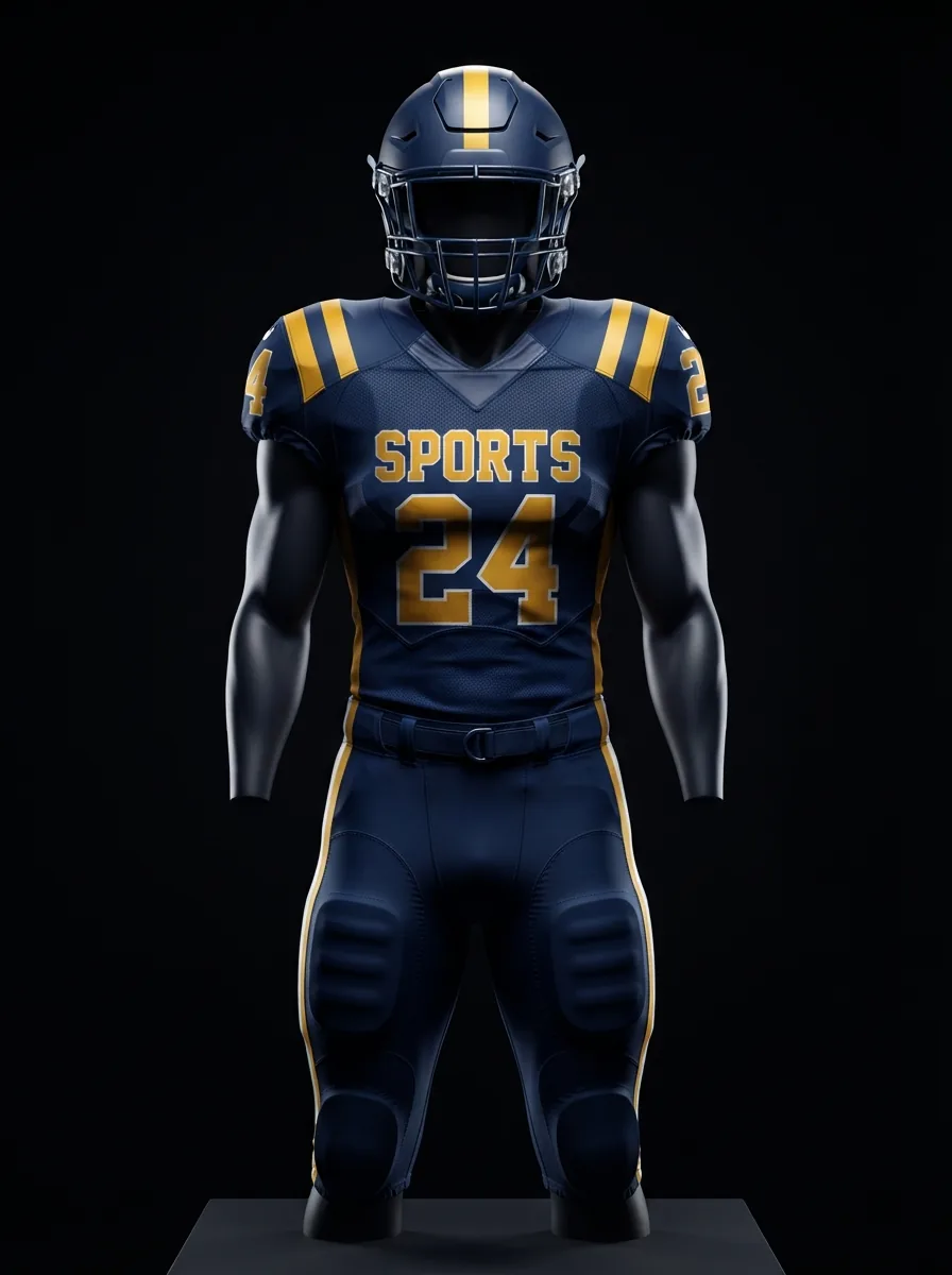 Navy and Gold Sports custom American football uniform on a mannequin