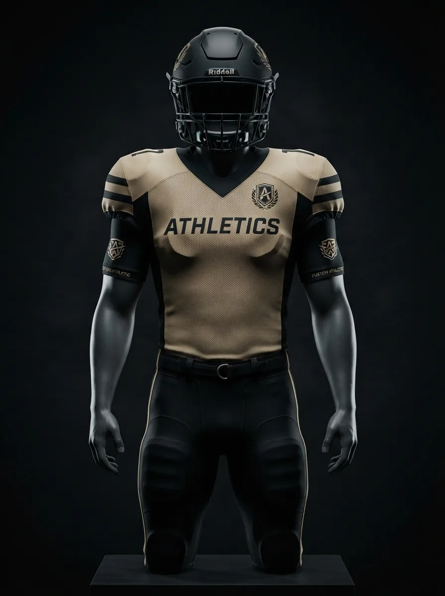 Sand and Black custom American football uniform on a mannequin