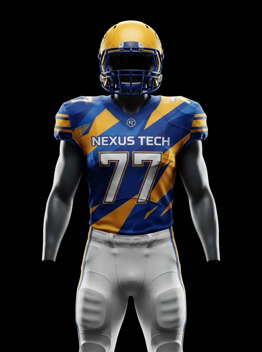 Blue and Gold Nexus custom American football uniform on a mannequin