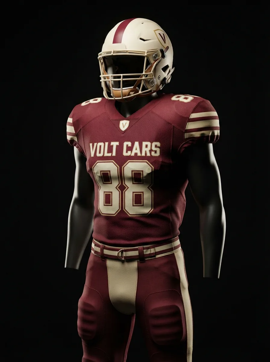 Maroon and Cream custom American football uniform on a mannequin