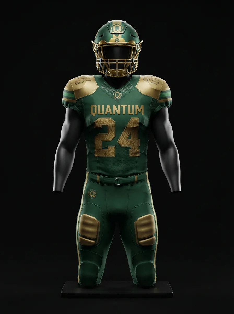 Forest and Gold custom American football uniform on a mannequin