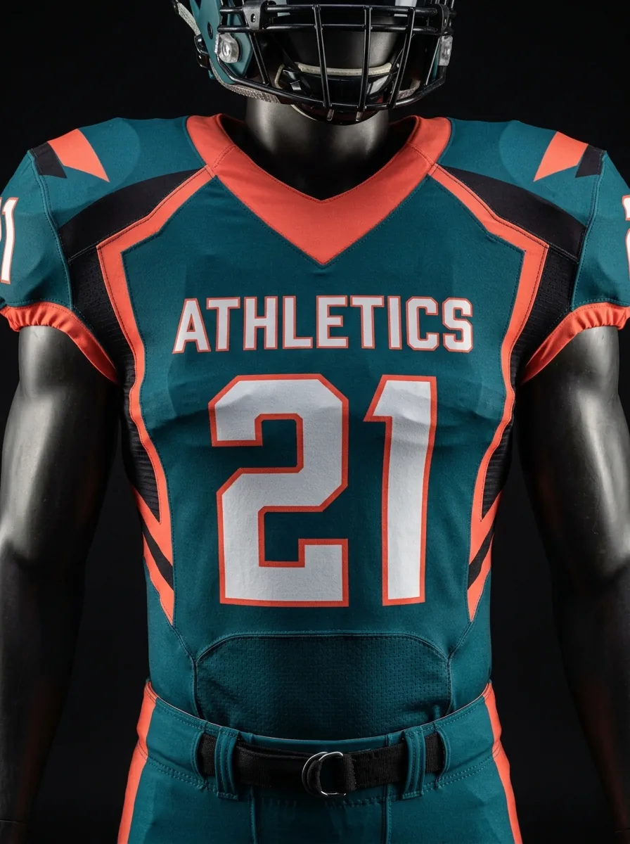 Teal and Orange custom American football uniform on a mannequin