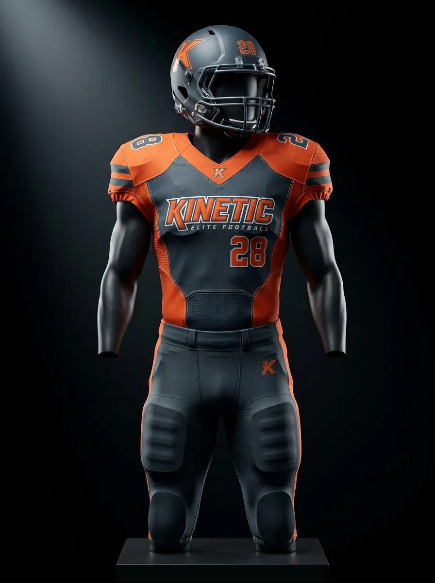 Orange and Graphite custom American football uniform on a mannequin