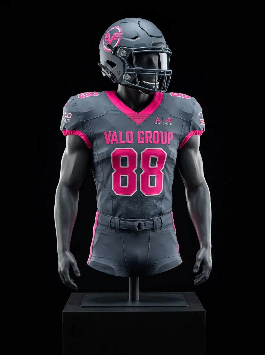 Grey and Pink custom American football uniform on a mannequin
