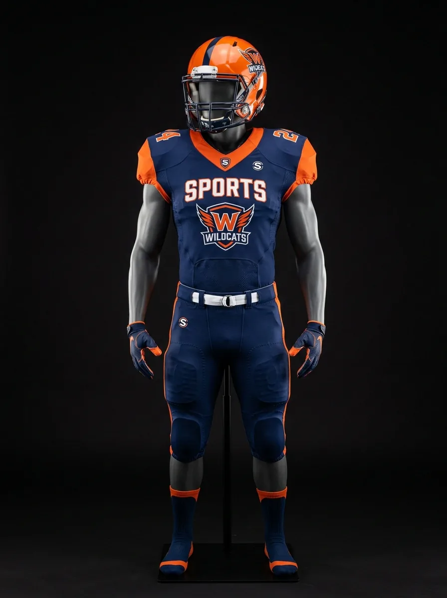 Navy and Orange Wildcats custom American football uniform on a mannequin