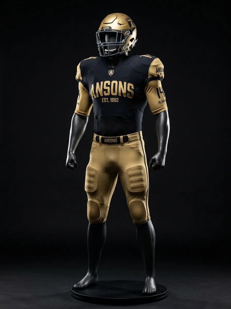 Black and Gold custom American football uniform on a mannequin