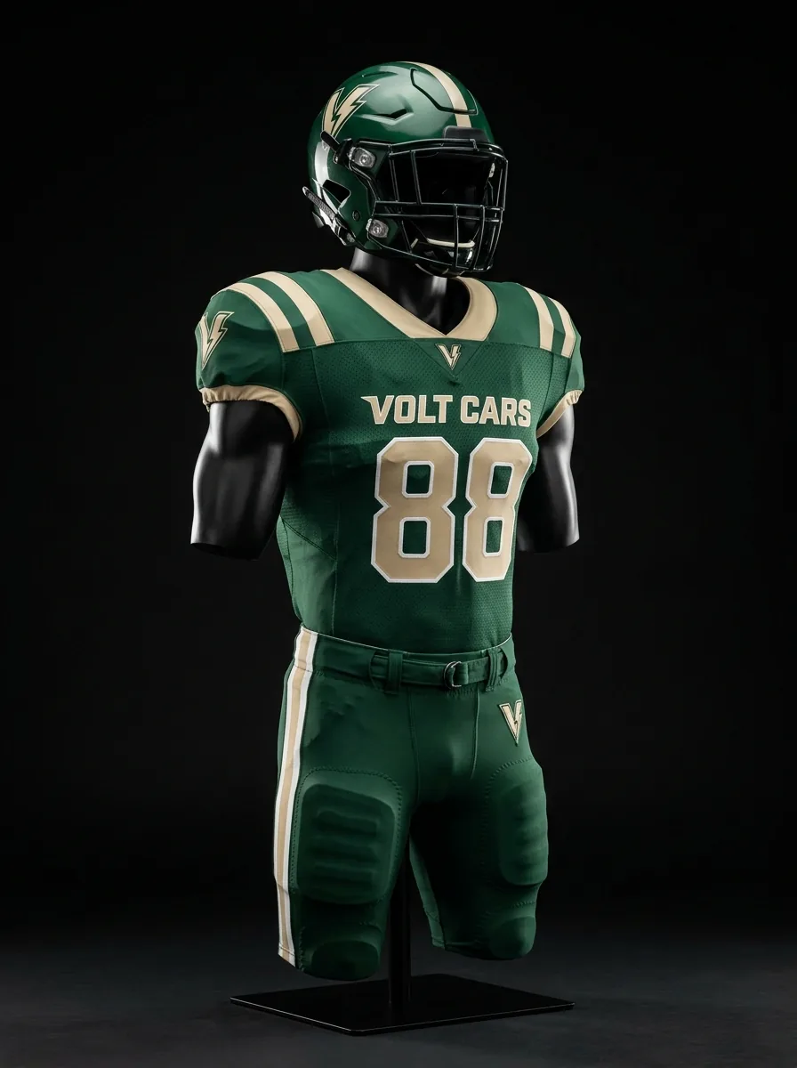 Green and Cream custom American football uniform on a mannequin