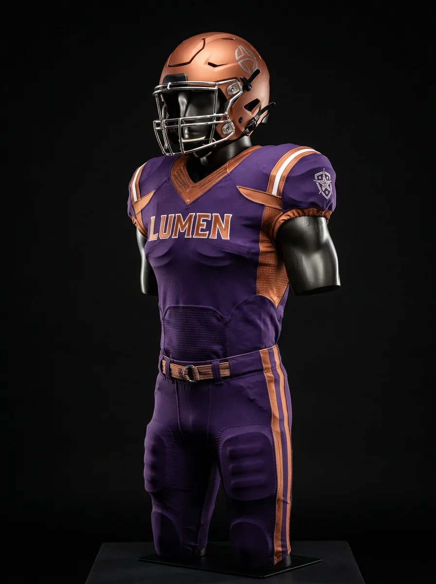 Purple and Orange custom American football uniform on a mannequin