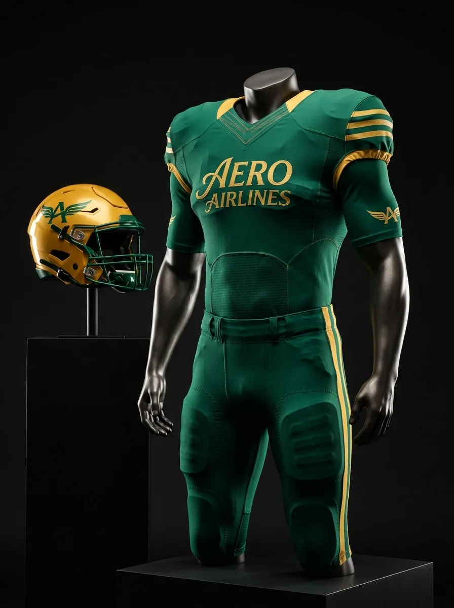 Green and Gold Aero custom American football uniform on a mannequin