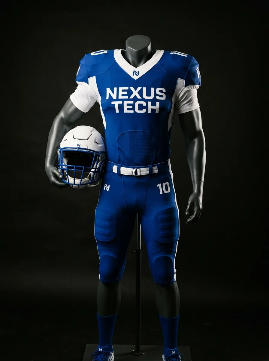 Blue and White Nexus custom American football uniform on a mannequin