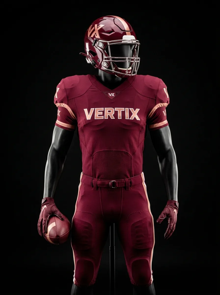Deep Maroon custom American football uniform on a mannequin