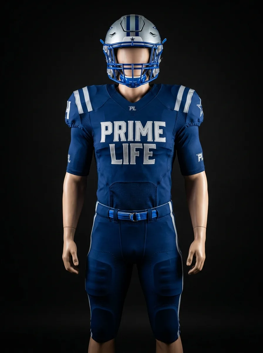 Navy Prime custom American football uniform on a mannequin