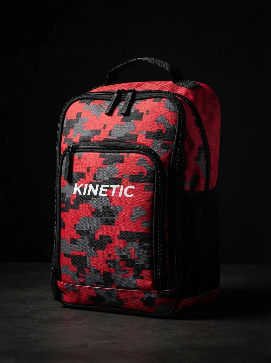Red Camo Kit Backpack custom sports bag product shot