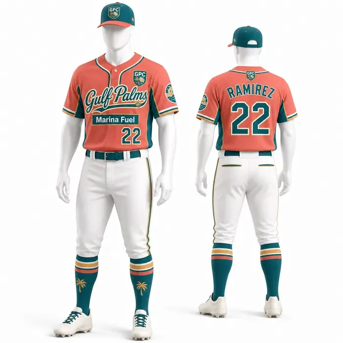 Gulf Palms Coral Teal custom baseball uniform mockup