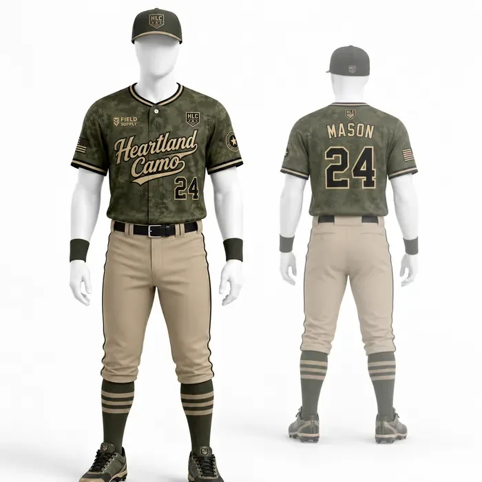 Heartland Camo Olive custom baseball uniform mockup