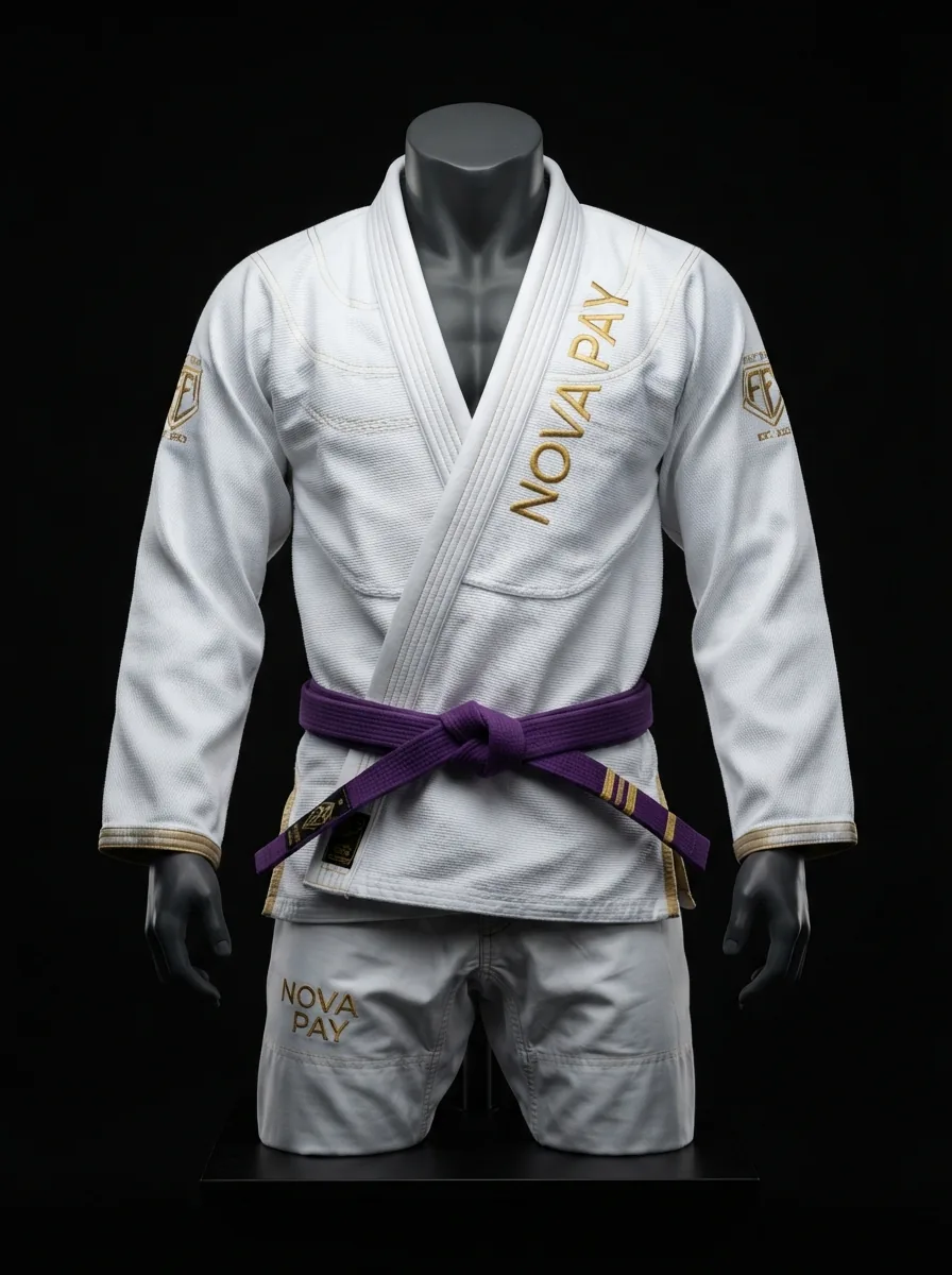 Ivory and Gold Gi custom BJJ uniform on a mannequin
