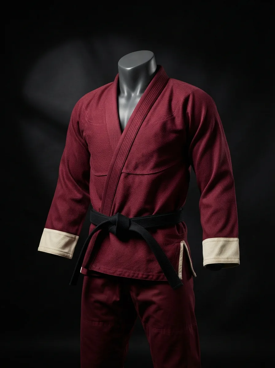 Maroon Contrast Gi custom BJJ uniform on a mannequin