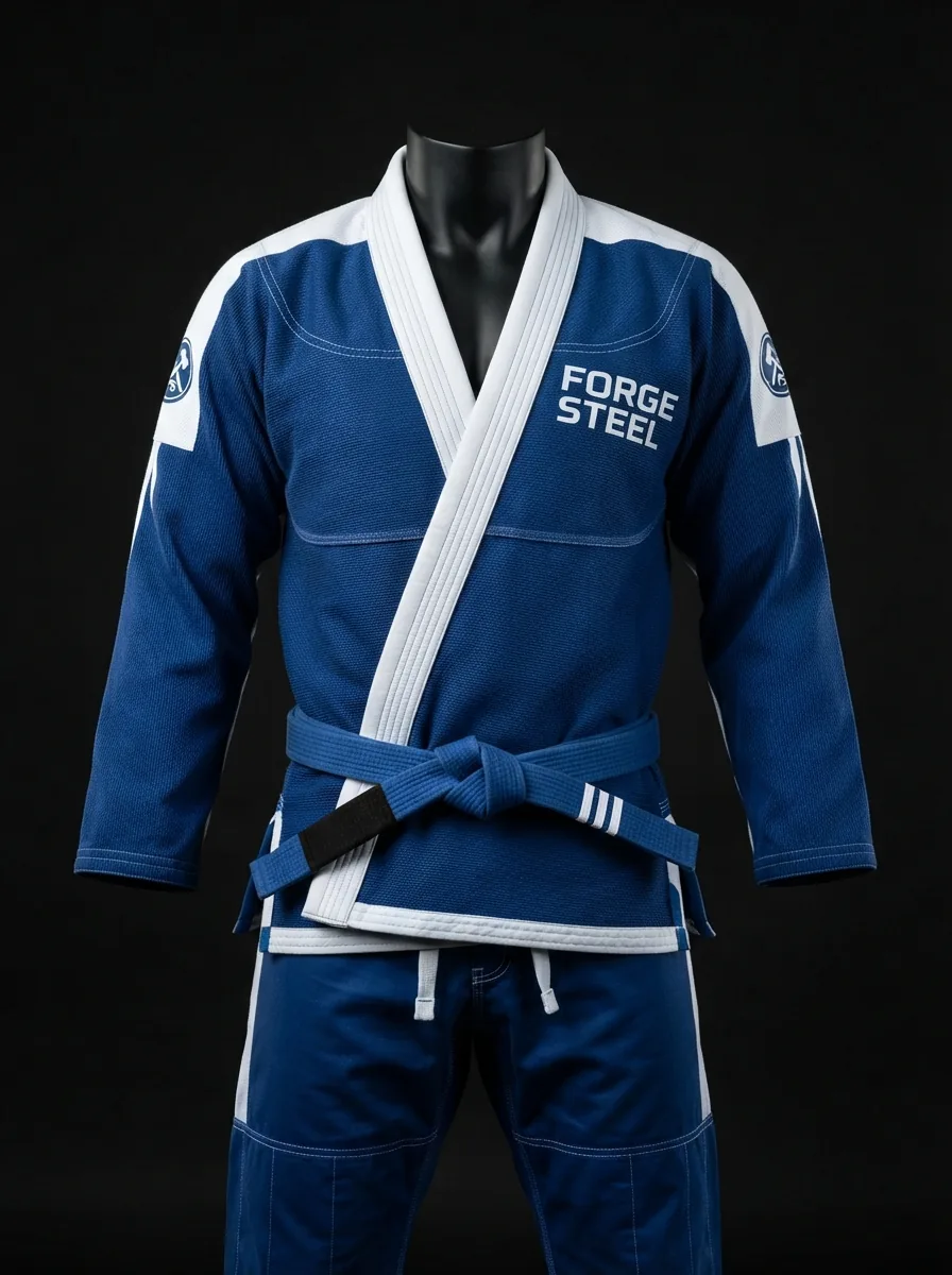 Forge Blue Gi custom BJJ uniform on a mannequin