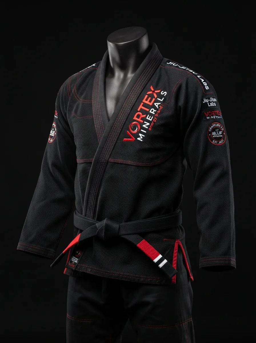 Black and Red Gi custom BJJ uniform on a mannequin