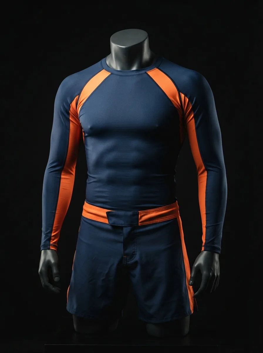 Navy and Orange Rash Set custom BJJ uniform on a mannequin