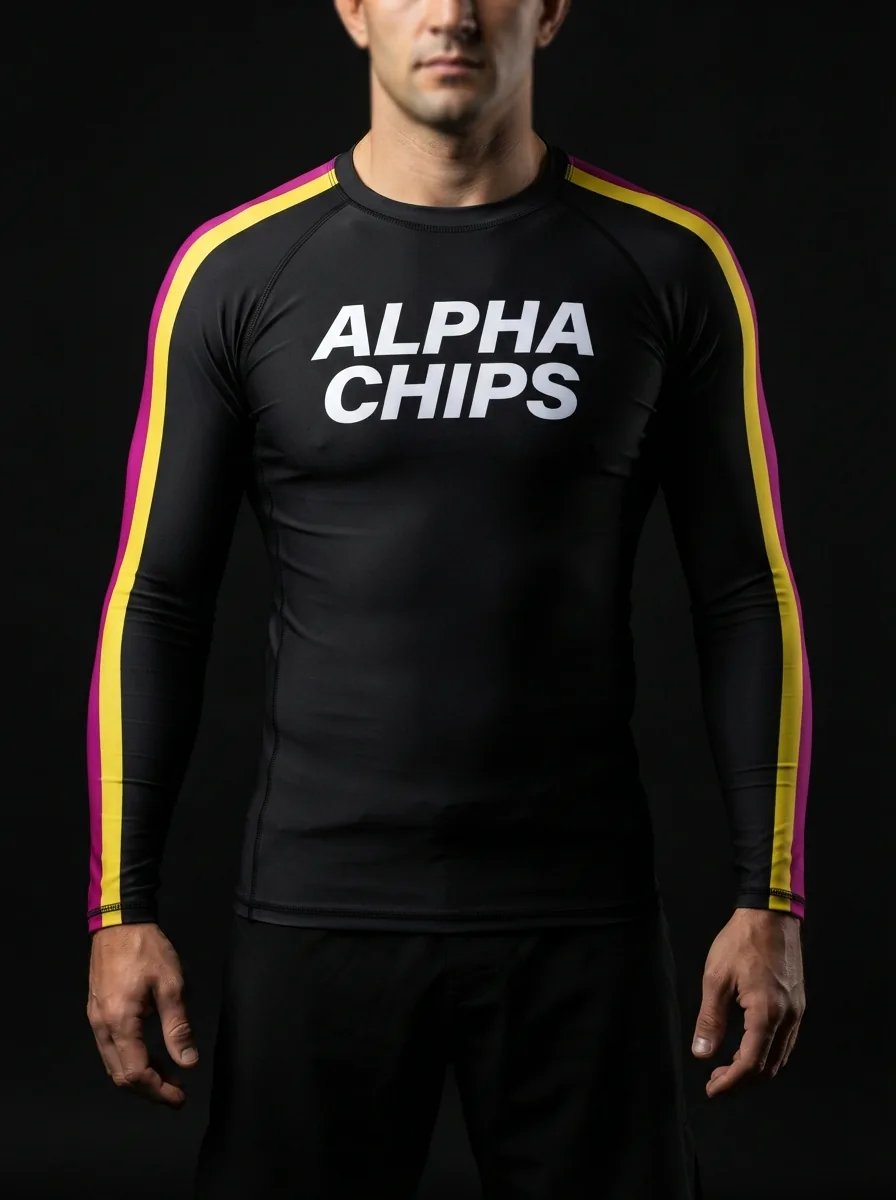 Black and Volt Rash Guard custom BJJ uniform on a mannequin