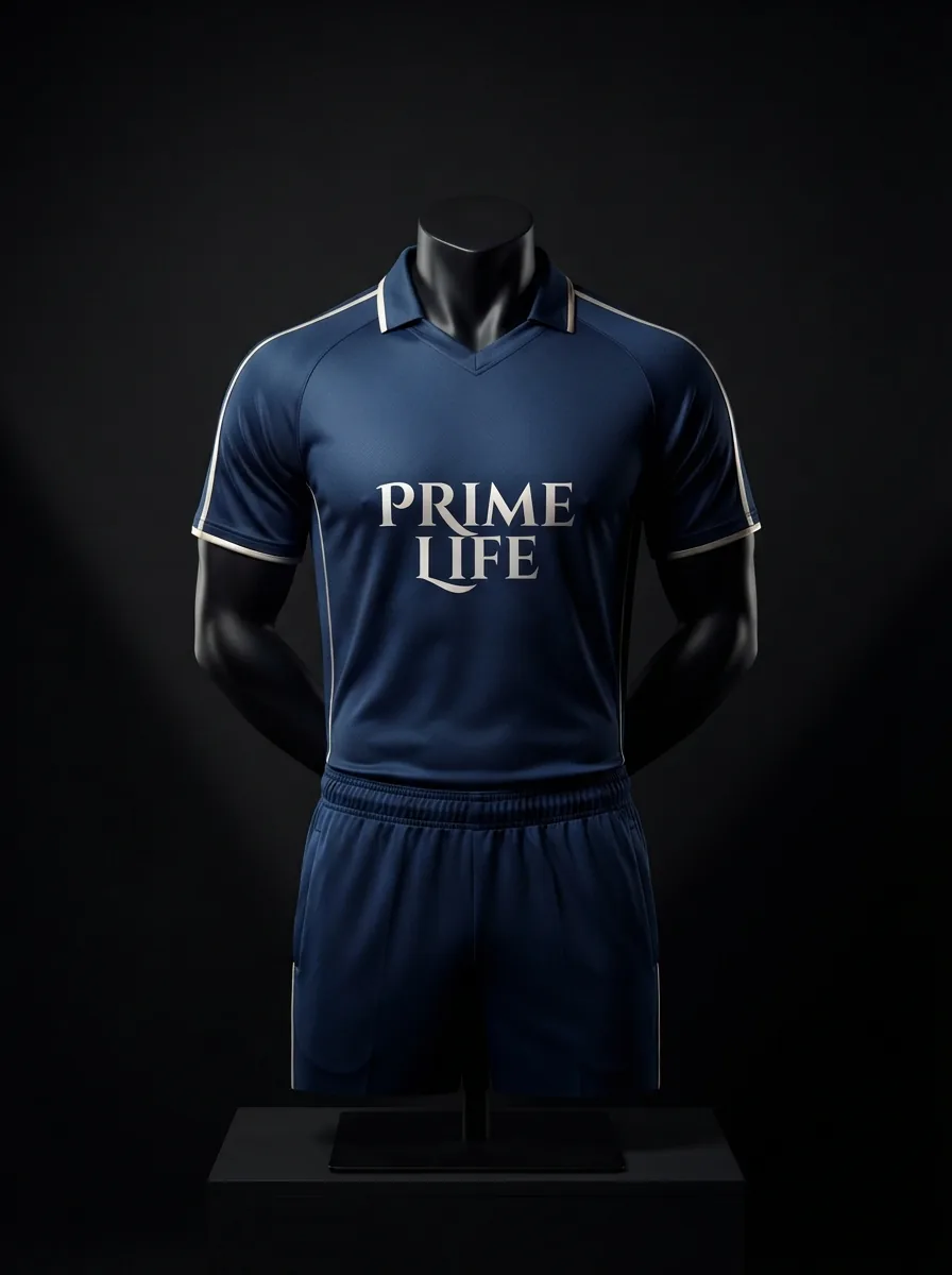 Navy Prime custom cricket uniform on a mannequin