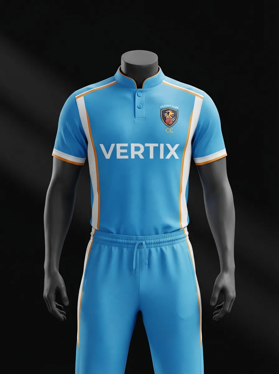Sky Blue and Gold custom cricket uniform on a mannequin