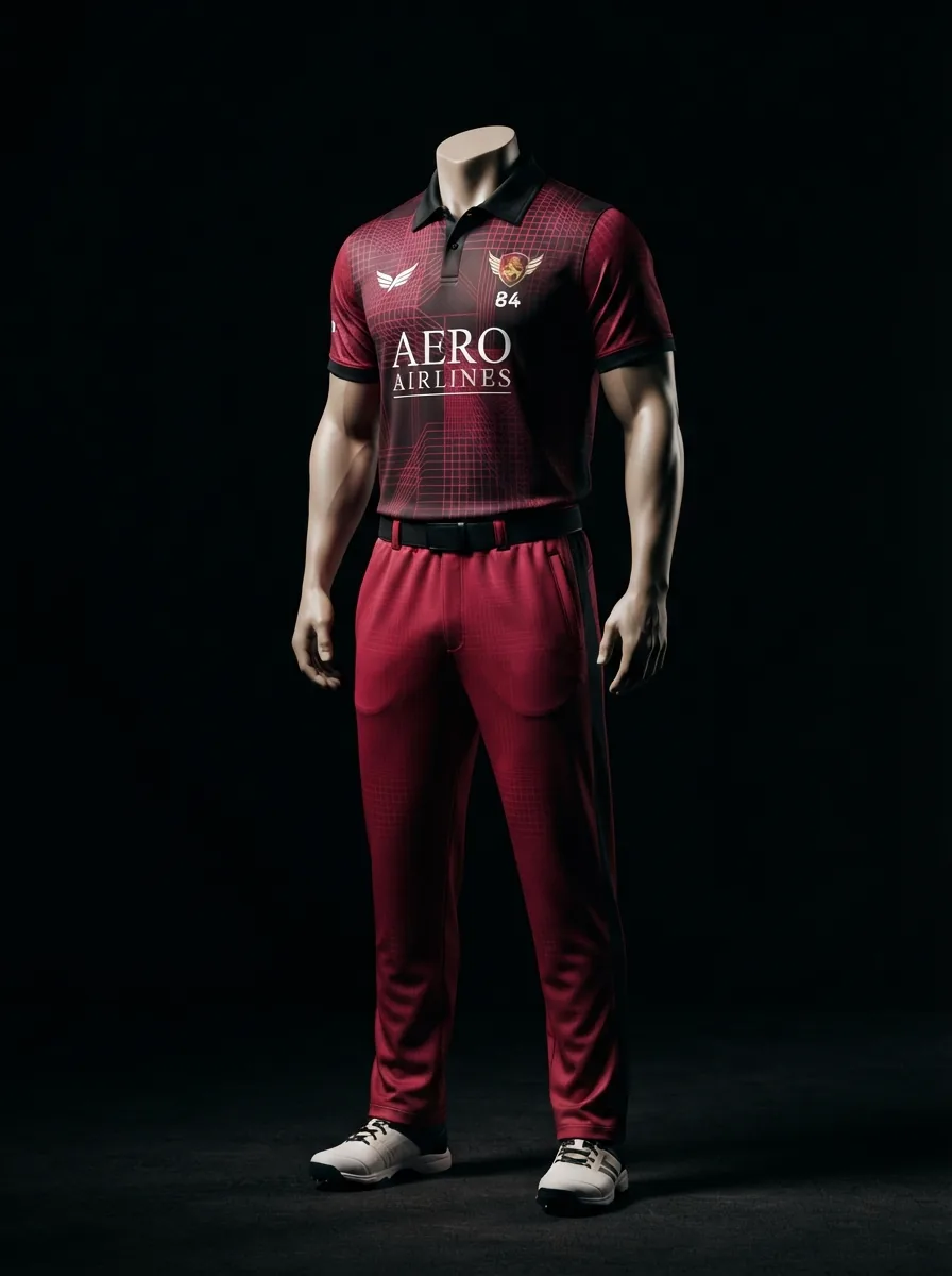Maroon Match Kit custom cricket uniform on a mannequin