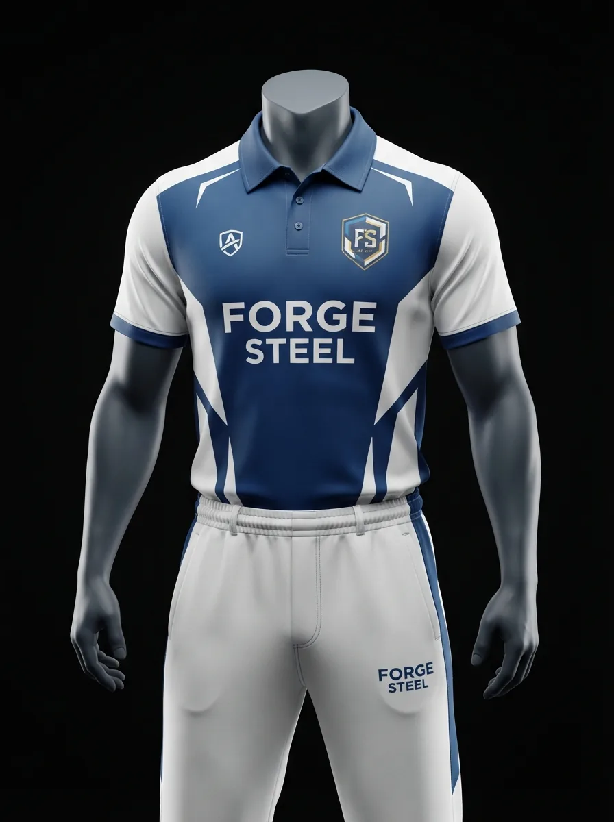 Navy and White Forge custom cricket uniform on a mannequin