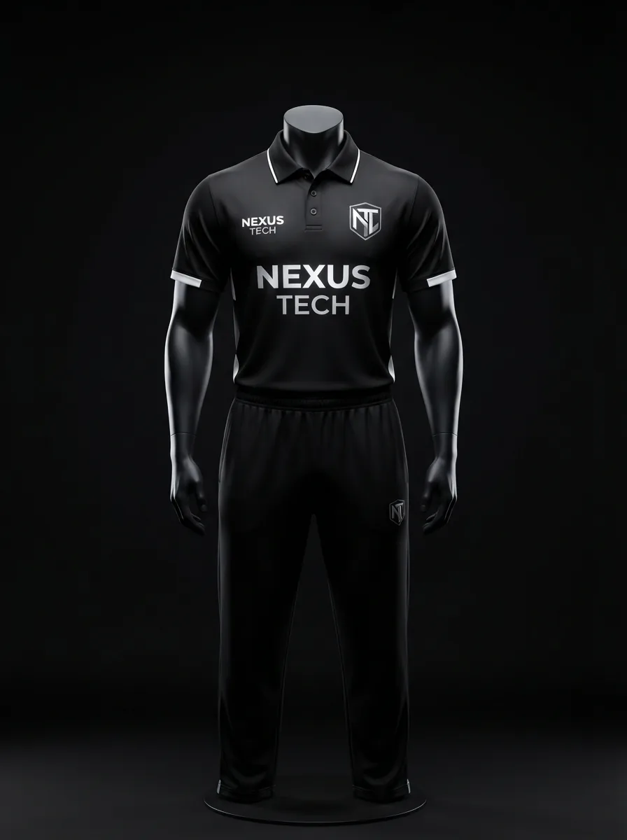 Midnight Black custom cricket uniform on a mannequin