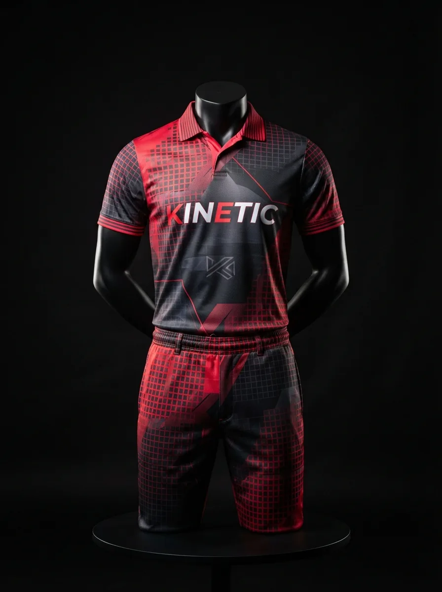 Crimson Grid custom cricket uniform on a mannequin
