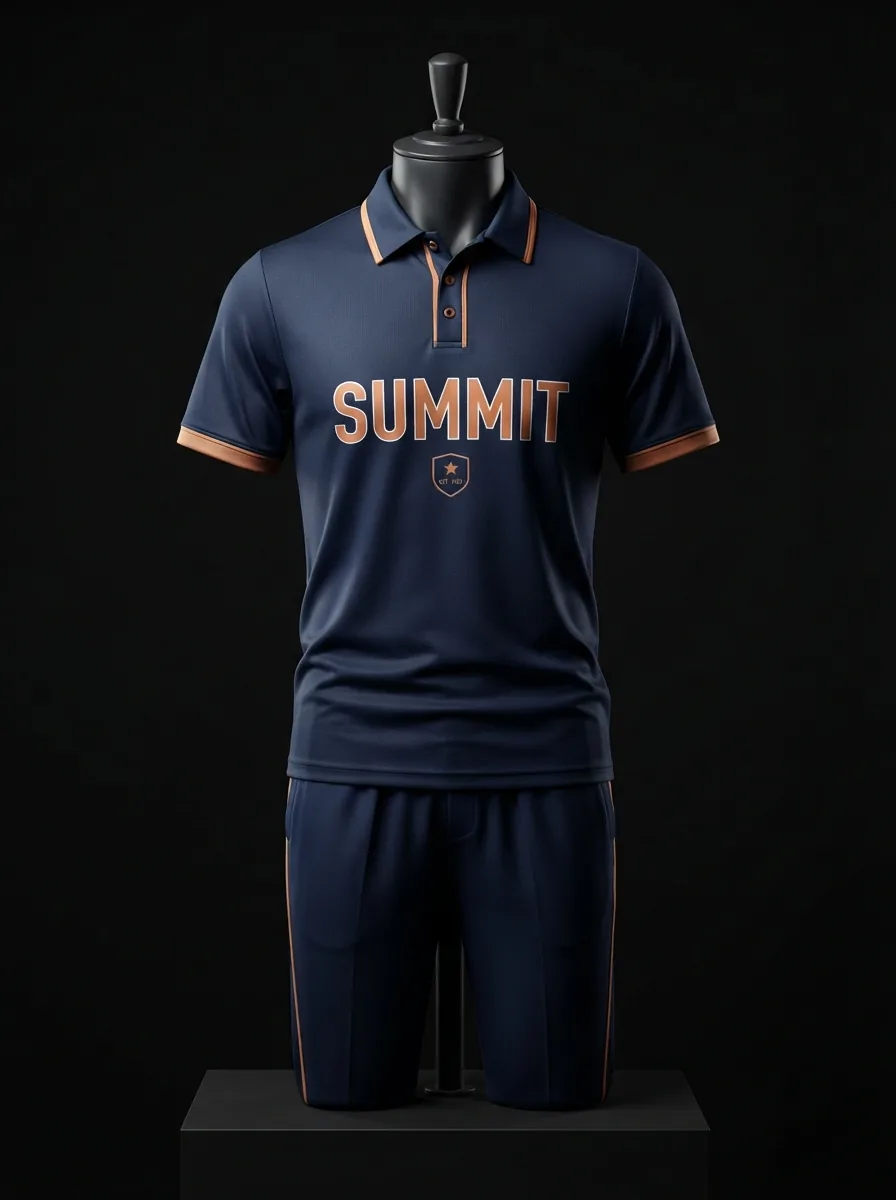 Navy and Copper custom cricket uniform on a mannequin
