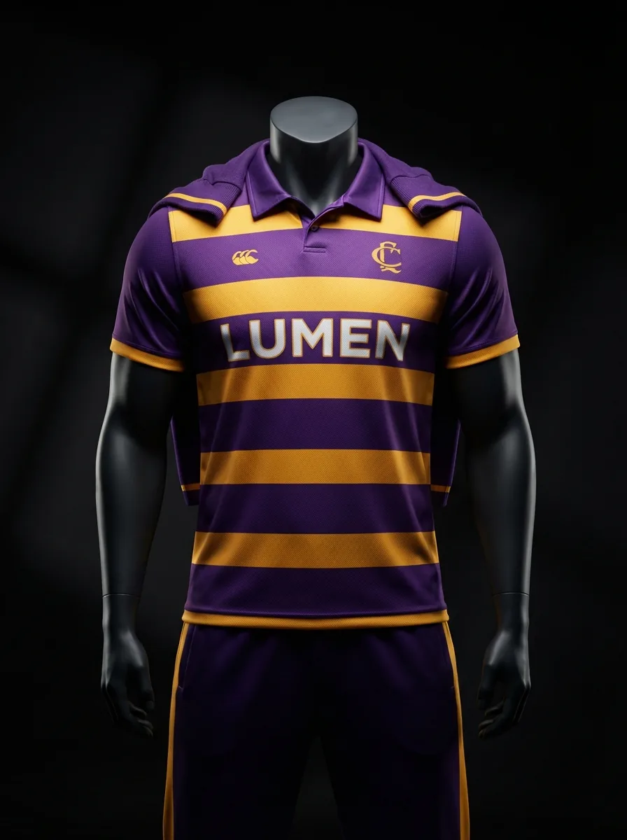 Purple and Gold Hoops custom cricket uniform on a mannequin