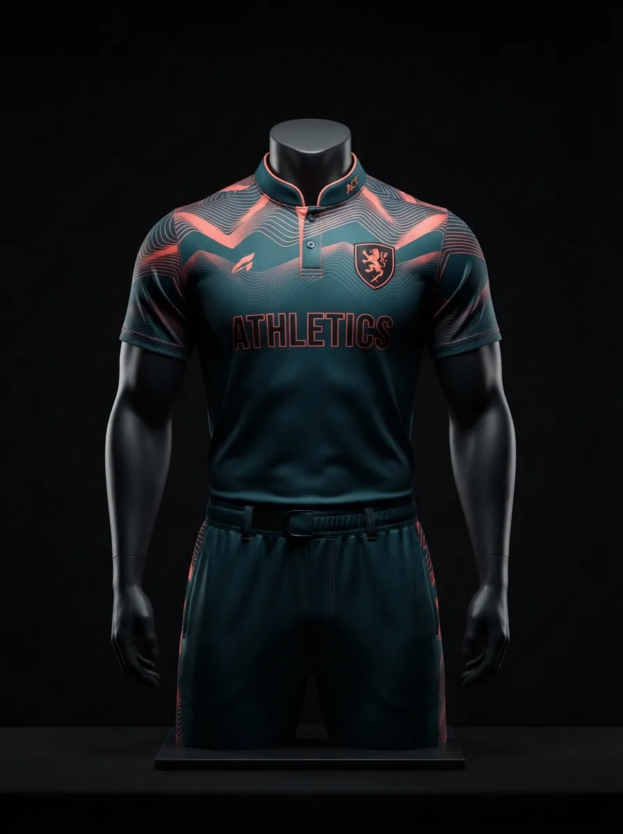 Teal and Coral custom cricket uniform on a mannequin