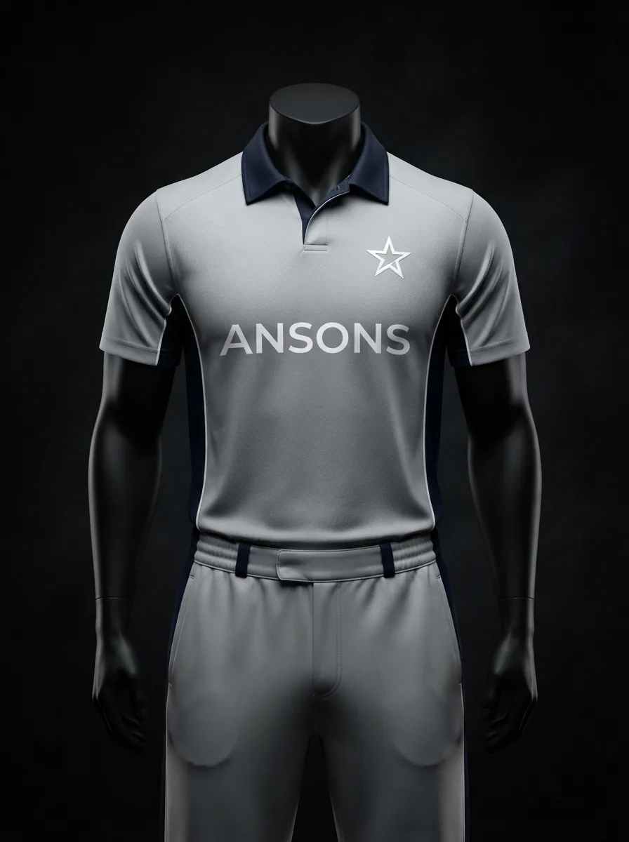 Silver Grey custom cricket uniform on a mannequin