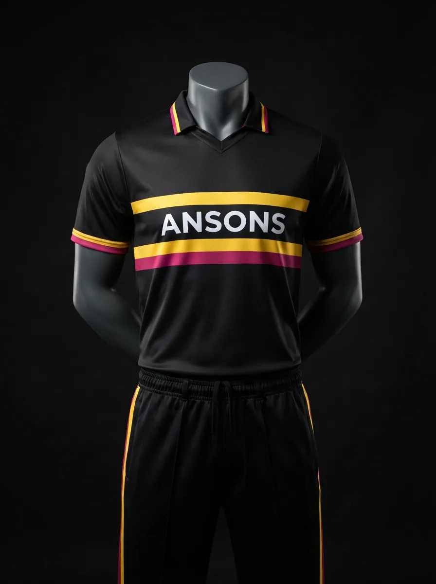 Black and Gold Band custom cricket uniform on a mannequin
