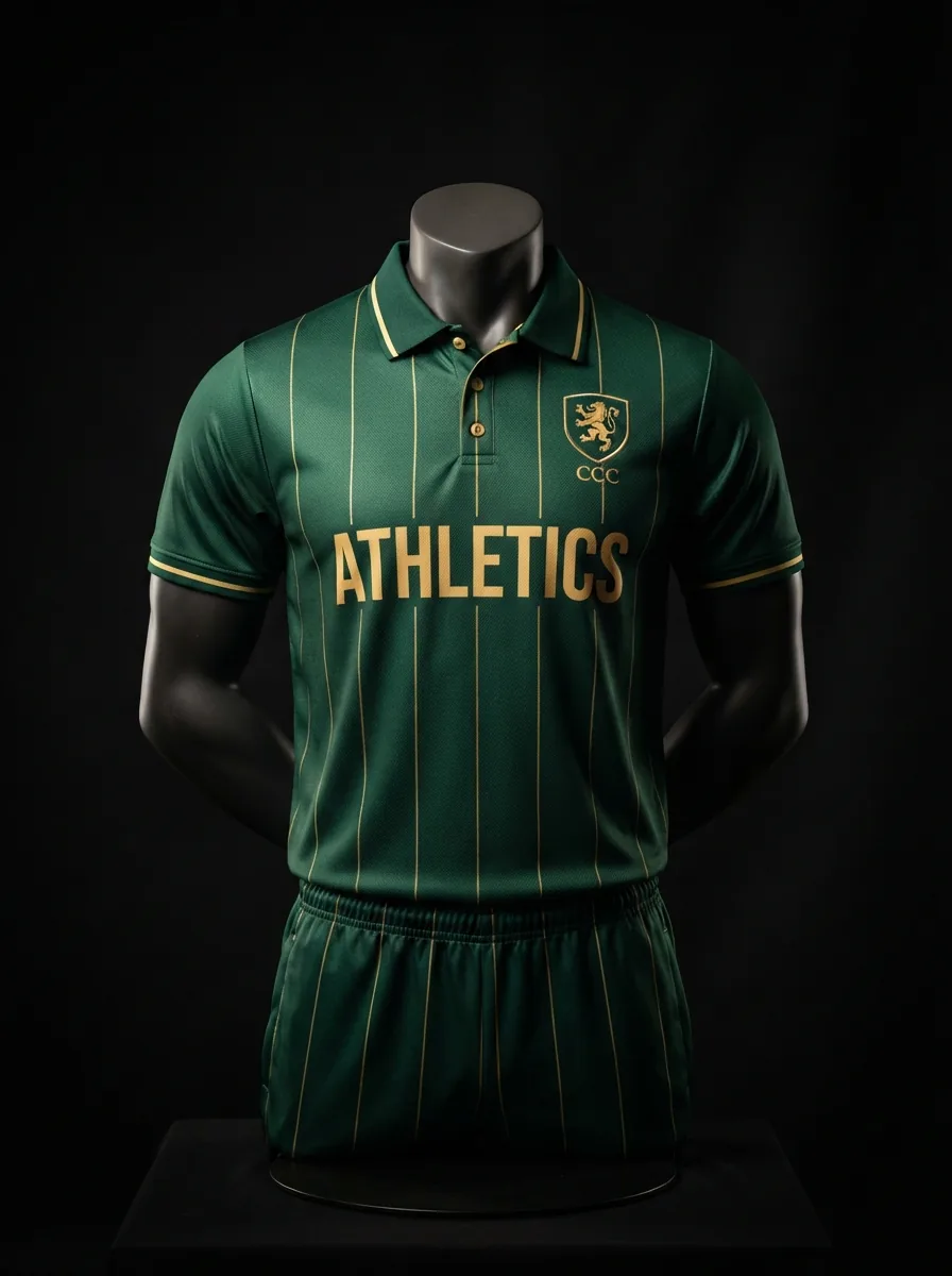 Forest Green Pinstripe custom cricket uniform on a mannequin
