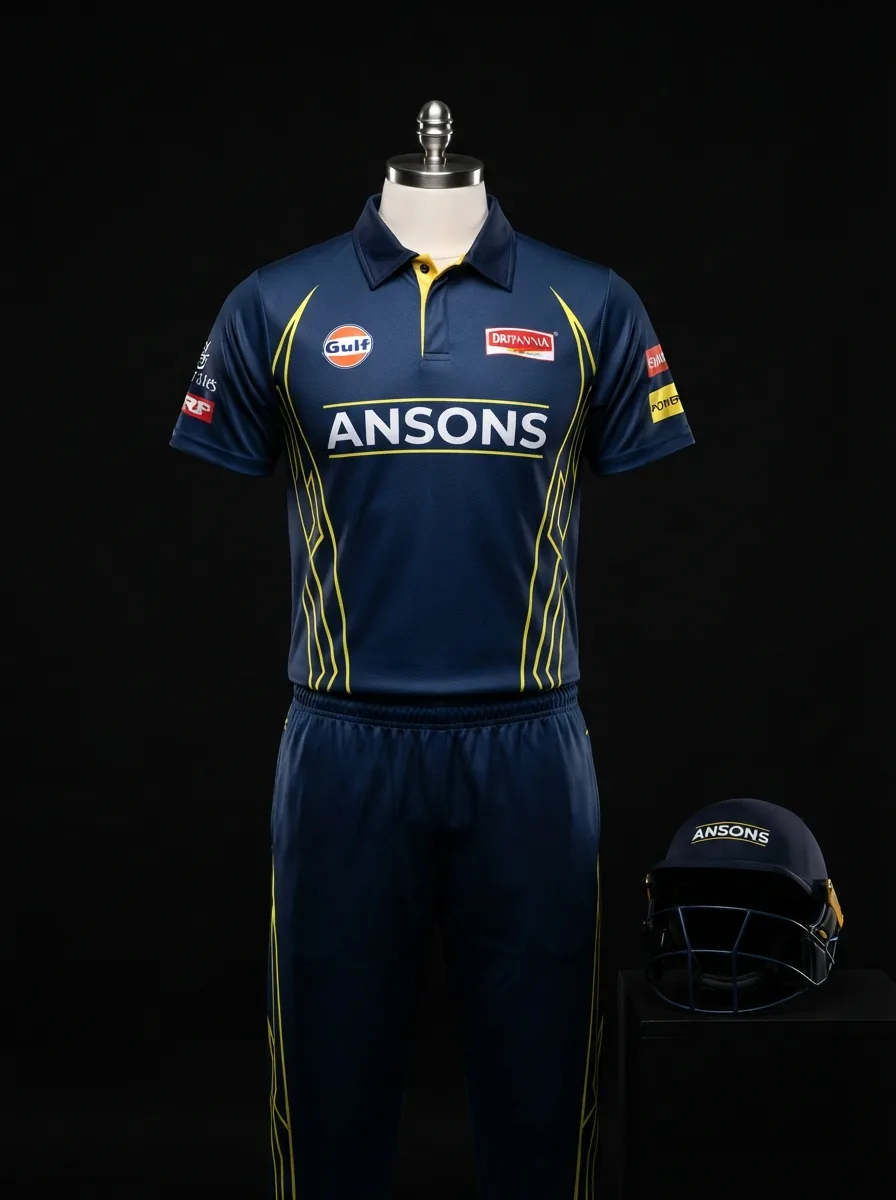 Navy Sponsor Kit custom cricket uniform on a mannequin