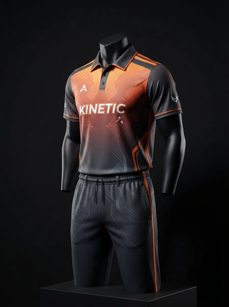 Orange and Charcoal custom cricket uniform on a mannequin