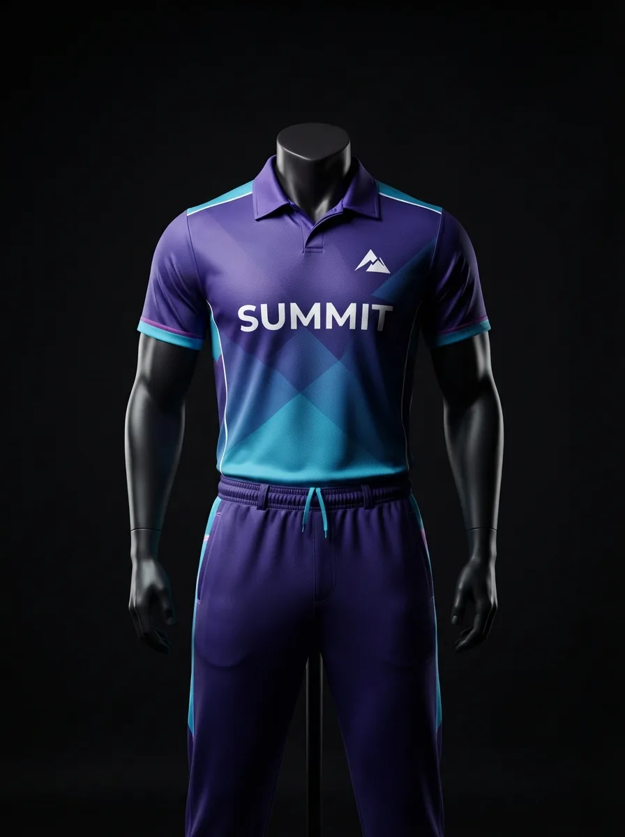 Purple Teal Fade custom cricket uniform on a mannequin