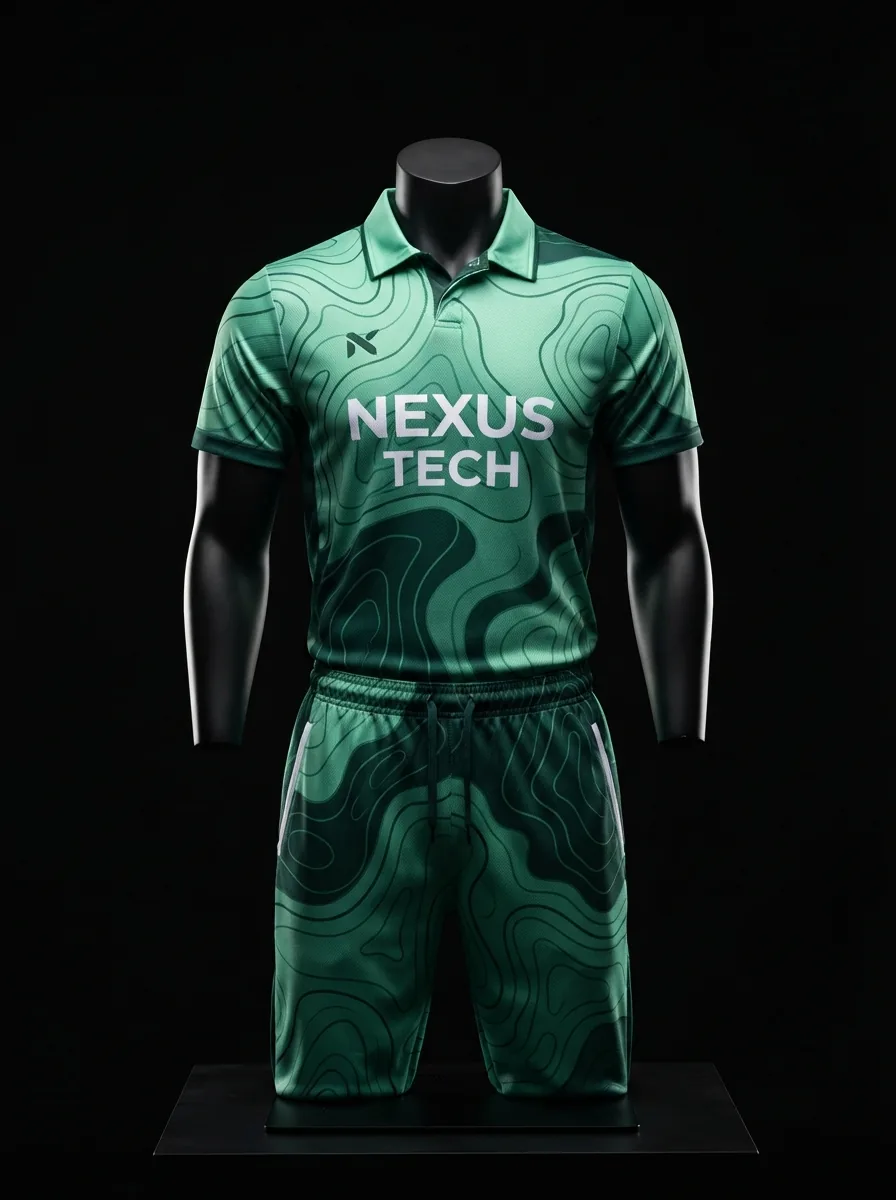 Mint Contour custom cricket uniform on a mannequin